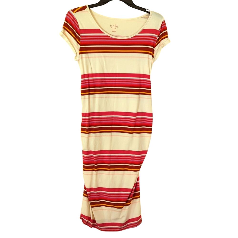 Isabel Maternity Short Sleeve Stretchy Striped Comfy Ruched Boho Summer Dress